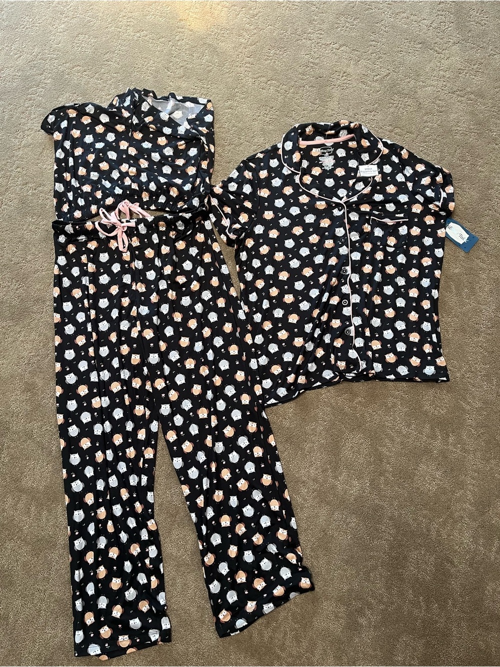 Pillow Talk Black Three Piece Pajama Set with Owls